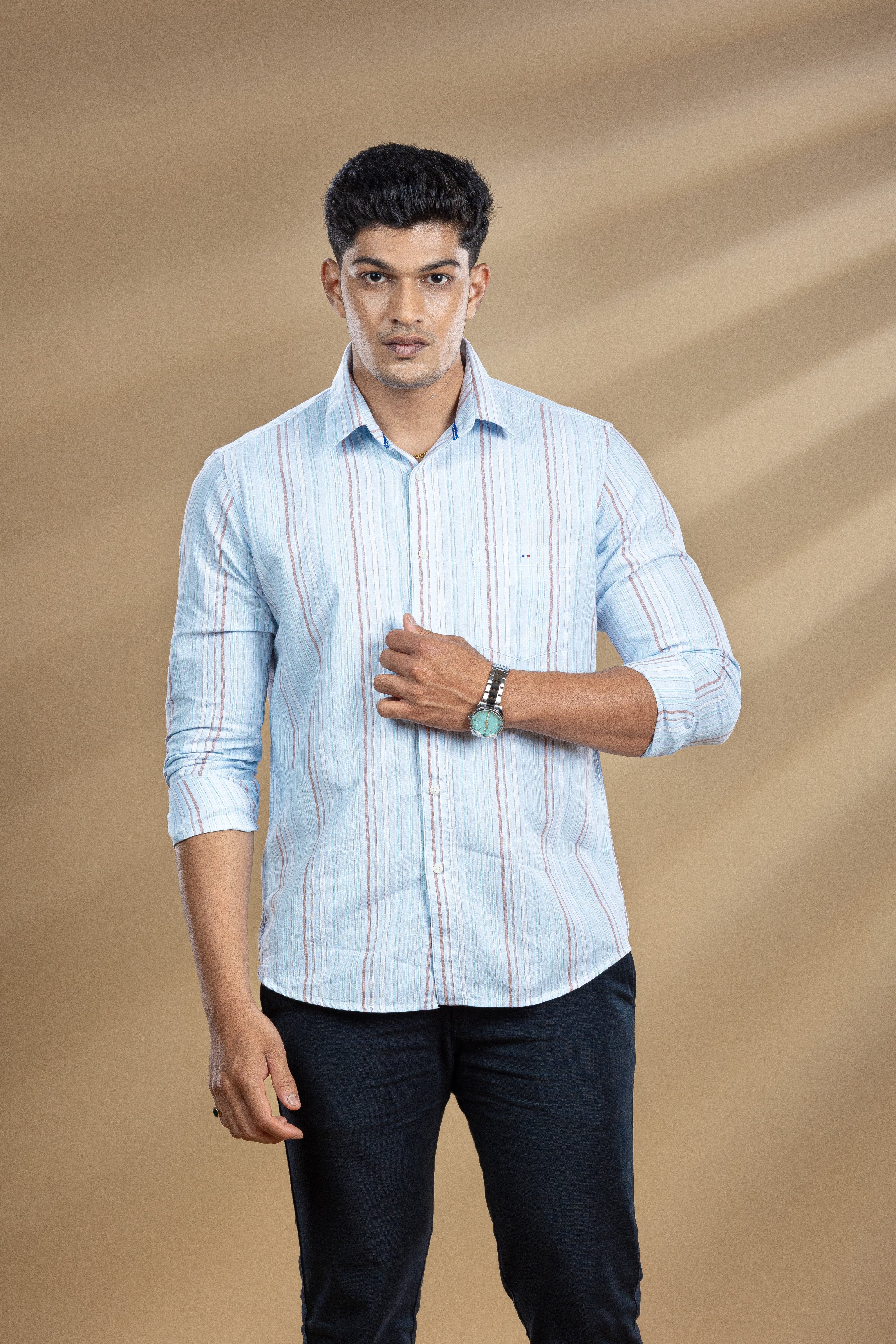 Light Blue & Orange Striped Printed Shirt