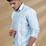 Light Blue & Orange Striped Printed Shirt