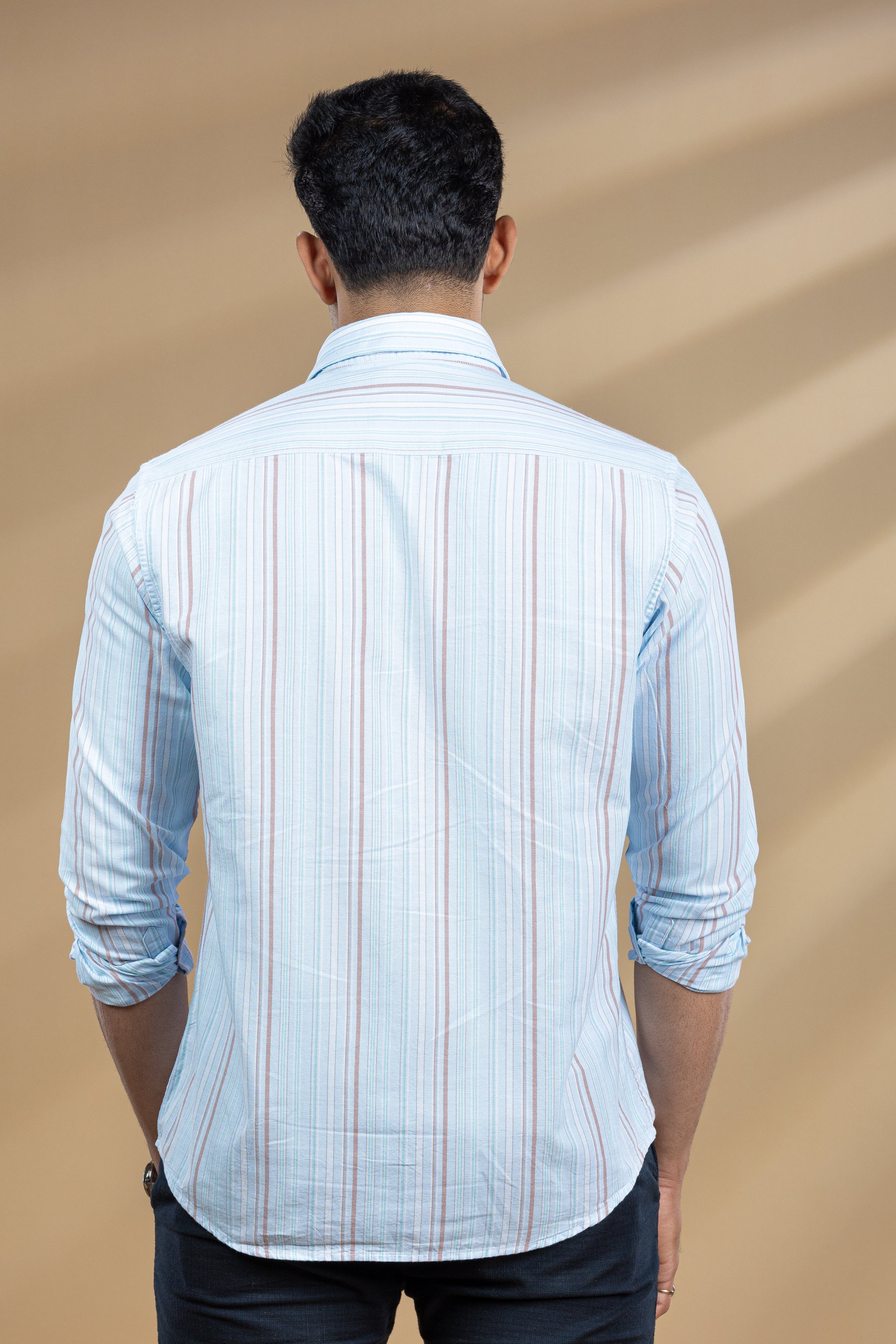 Light Blue & Orange Striped Printed Shirt