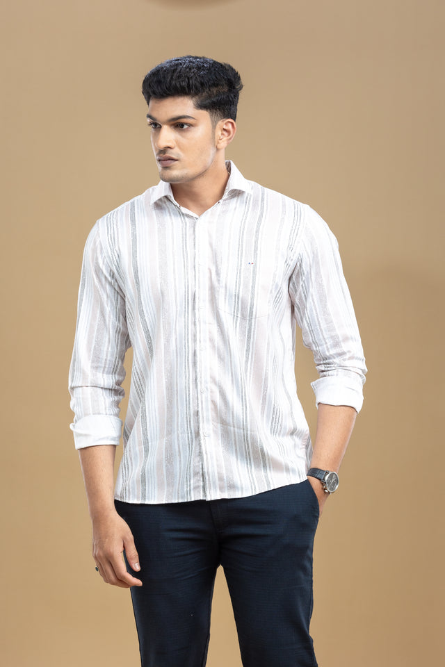 Grey & White Striped Printed Shirt
