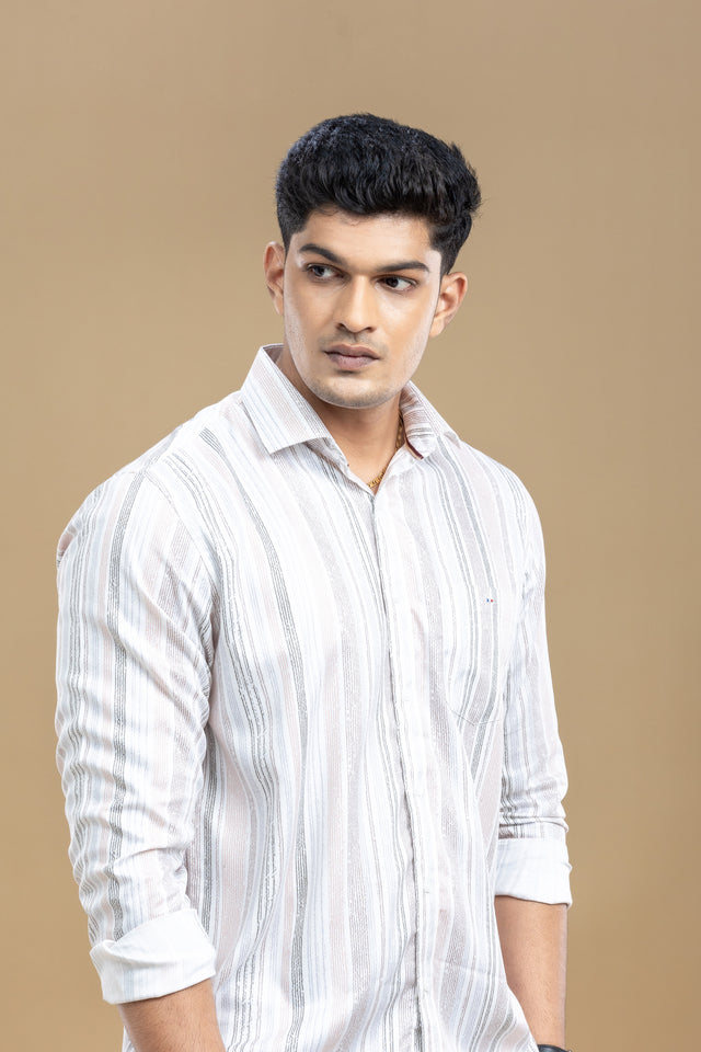 Grey & White Striped Printed Shirt